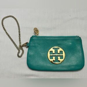 Tory Burch Small Turquoise Leather Pebbled Wristlet Light Gold Accent Chain